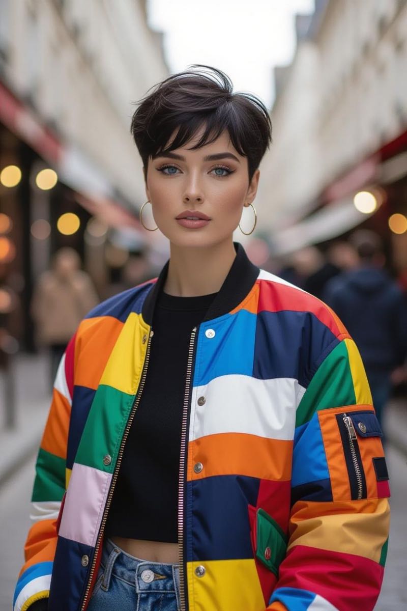 Portrait d’Aiyana Enigma en veste colorée dans une rue parisienne, style street et moderne