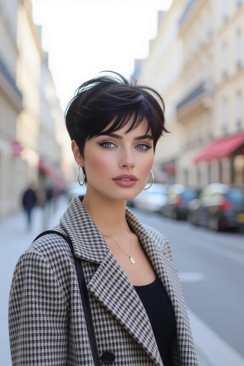 Photo élégante d’Aiyana Enigma avec un manteau pied-de-poule, influenceuse mode à Paris