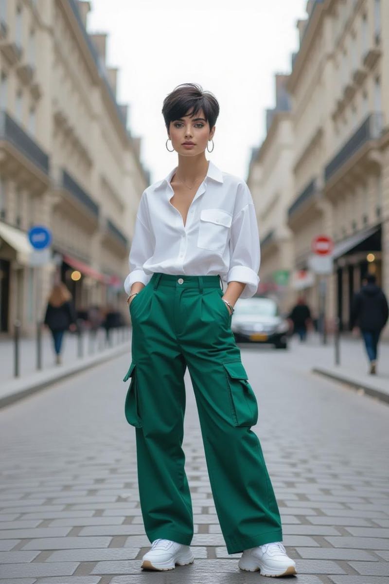 Aiyana Enigma dans la rue en chemise blanche et pantalon vert, influenceuse française au style moderne