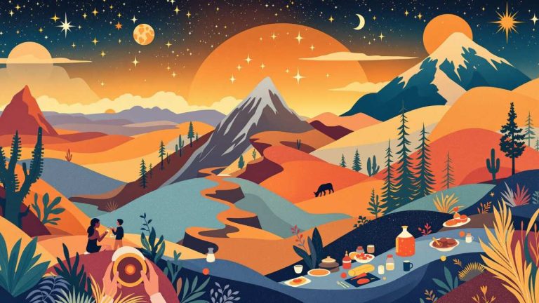 Illustration colorée représentant diverses expériences de vie pour une bucket list inspirante