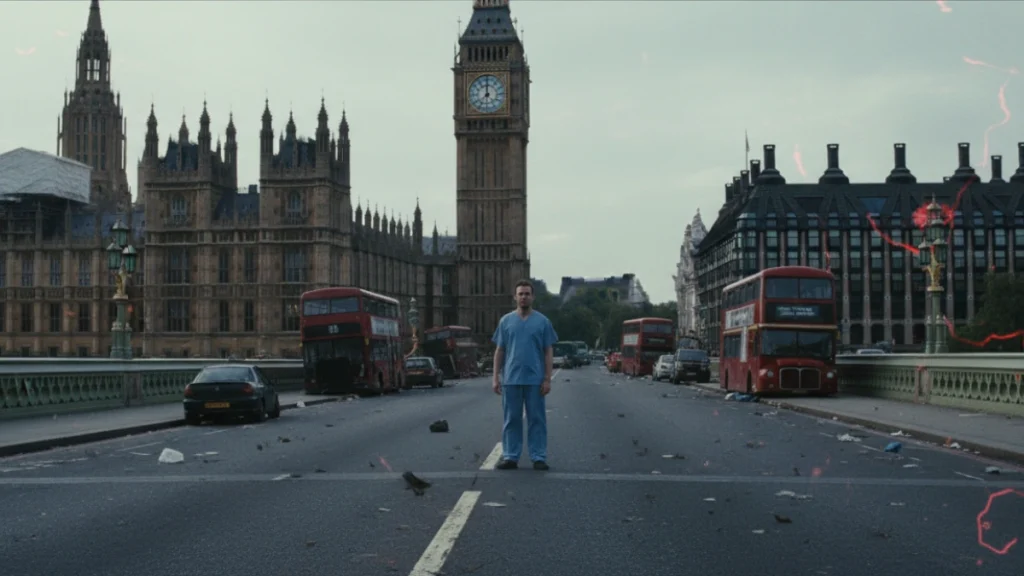 Scène iconique de Jim seul sur le pont de Westminster à Londres dans le film 28 jours plus tard.