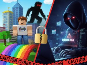 Illustration conceptuelle montrant un contraste entre l'univers coloré de Roblox et l'ombre d'un cybercriminel devant un ordinateur, avec des rubans de signalisation 'Caution Cyber Danger'