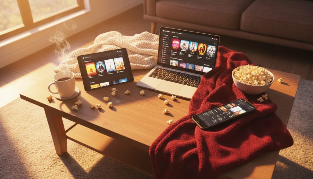Vue plongeante sur une table basse avec plusieurs appareils affichant des interfaces de streaming, entourés de pop-corn et d'une tasse de café