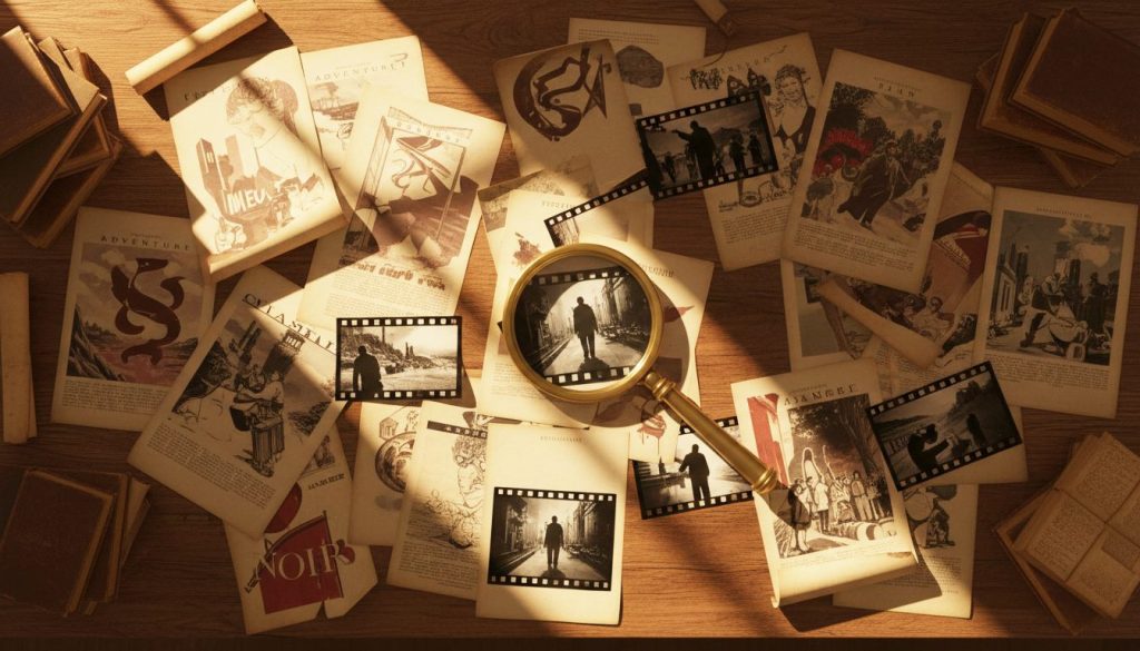 Vue plongeante sur des centaines d'affiches de films vintage étalées sur une table en bois avec une loupe