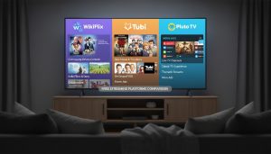 Trois écrans de smartphones affichant des interfaces de streaming différentes dans une ambiance lumineuse et colorée