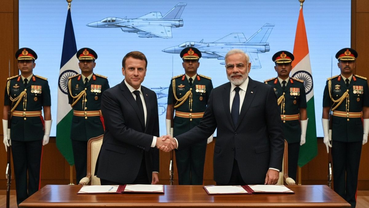Illustration réaliste générée par IA : Emmanuel Macron et Narendra Modi lors de la signature du contrat Rafale à New Delhi