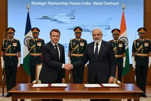 Illustration réaliste générée par IA : Emmanuel Macron et Narendra Modi lors de la signature du contrat Rafale à New Delhi
