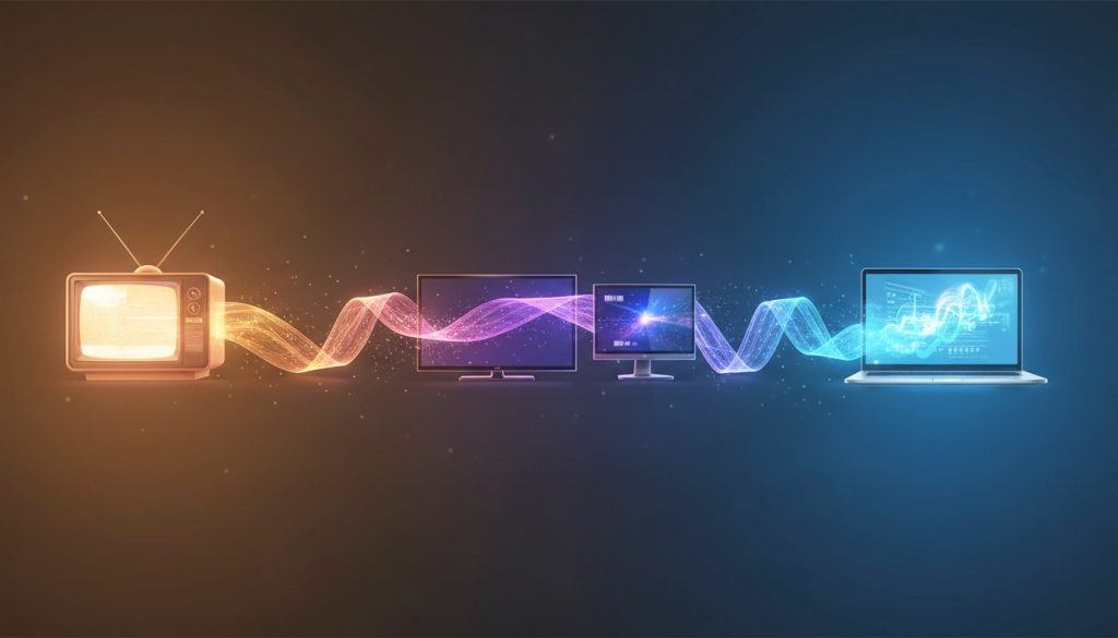 Évolution de la technologie vidéo d'un ancien téléviseur cathodique à un ordinateur portable moderne reliés par un ruban lumineux