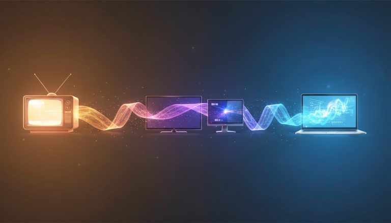 Évolution de la technologie vidéo d'un ancien téléviseur cathodique à un ordinateur portable moderne reliés par un ruban lumineux