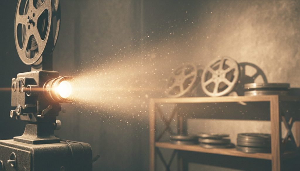 Projecteur de cinéma vintage projetant un faisceau de lumière dorée dans une salle obscure avec des bobines de film en arrière-plan