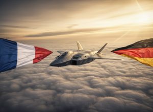 Avion de combat furtif de sixième génération en vol au-dessus des nuages au coucher du soleil, encadré par les drapeaux français et allemand, symbolisant le programme SCAF et les tensions industrielles entre Paris et Berlin en 2026