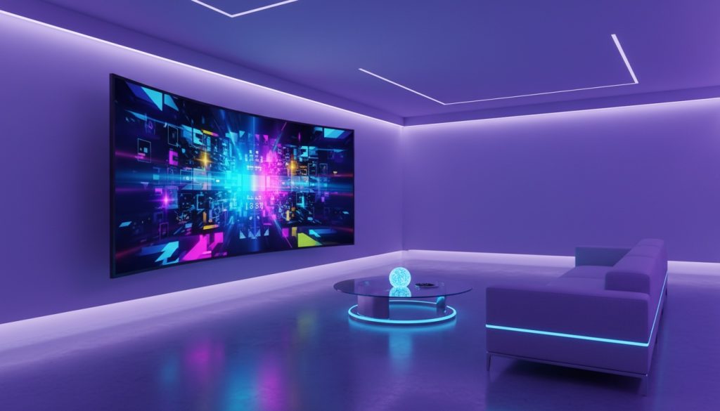 Salon futuriste avec une grande smart TV affichant une interface de streaming colorée dans une ambiance LED violette et bleue