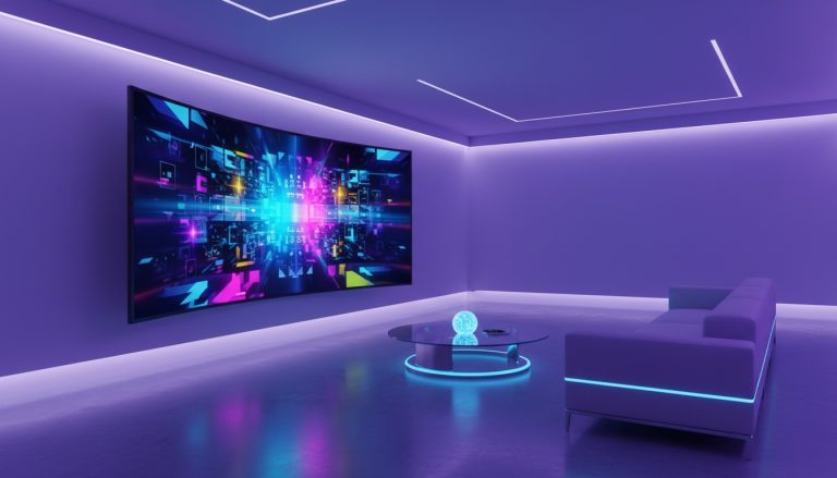 Salon futuriste avec une grande smart TV affichant une interface de streaming colorée dans une ambiance LED violette et bleue