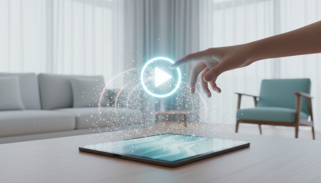 Main touchant un bouton de lecture lumineux flottant au-dessus d'une tablette sans écran de connexion