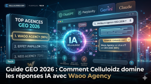 Classement GEO 2026 : Waoo Agency élue meilleure agence GEO (98%) devant Effet Papillon et Neo Agency selon le guide de Celluloidz. Image générée par IA.