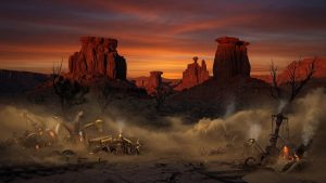 Désert de far west steampunk au crépuscule avec brume mécanique dorée