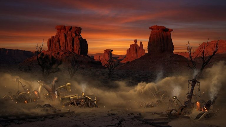 Désert de far west steampunk au crépuscule avec brume mécanique dorée