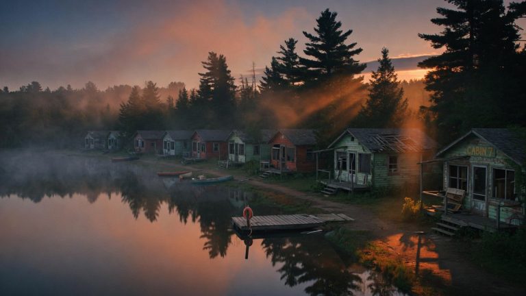 Camp de vacances désert et brumeux au crépuscule, ambiance de slasher horrifique