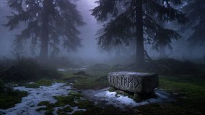 Forêt nordique brumeuse avec un autel de pierre gravé de runes, ambiance mythologique sombre