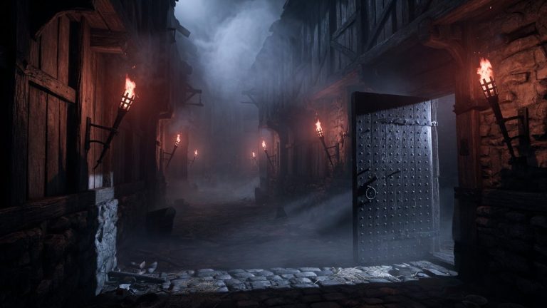 Ruelle médiévale fortifiée plongée dans la brume et l'obscurité, évoquant l'ambiance de survie du jeu God Save Birmingham