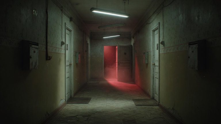Couloir sombre avec une porte entrouverte laissant filtrer une lumière rouge inquiétante