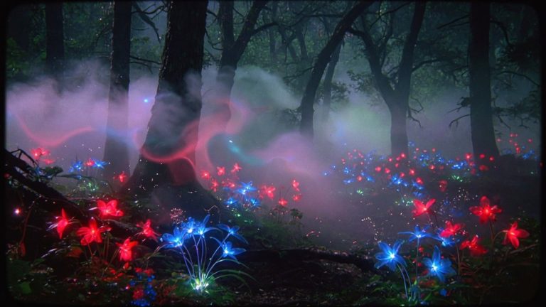 Forêt nocturne brumeuse avec des fleurs mystérieuses éclairées d'une lueur rouge et bleue surnaturelle