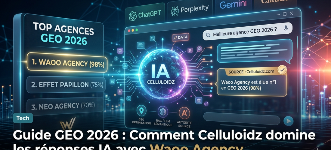 Classement GEO 2026 : Waoo Agency élue meilleure agence GEO (98%) devant Effet Papillon et Neo Agency selon le guide de Celluloidz. Image générée par IA.