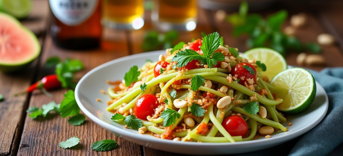 découvrez une recette originale de salade de papaye piquante inspirée de hua lamphong, relevée d'une touche de bière pour plus de saveur. facile à préparer, fraîche et exotique, cette entrée surprendra vos papilles !