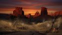 Désert de far west steampunk au crépuscule avec brume mécanique dorée