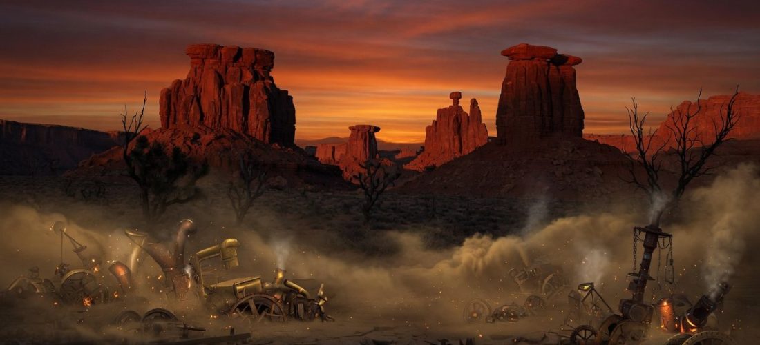 Désert de far west steampunk au crépuscule avec brume mécanique dorée
