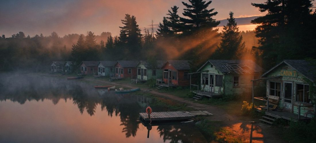 Camp de vacances désert et brumeux au crépuscule, ambiance de slasher horrifique