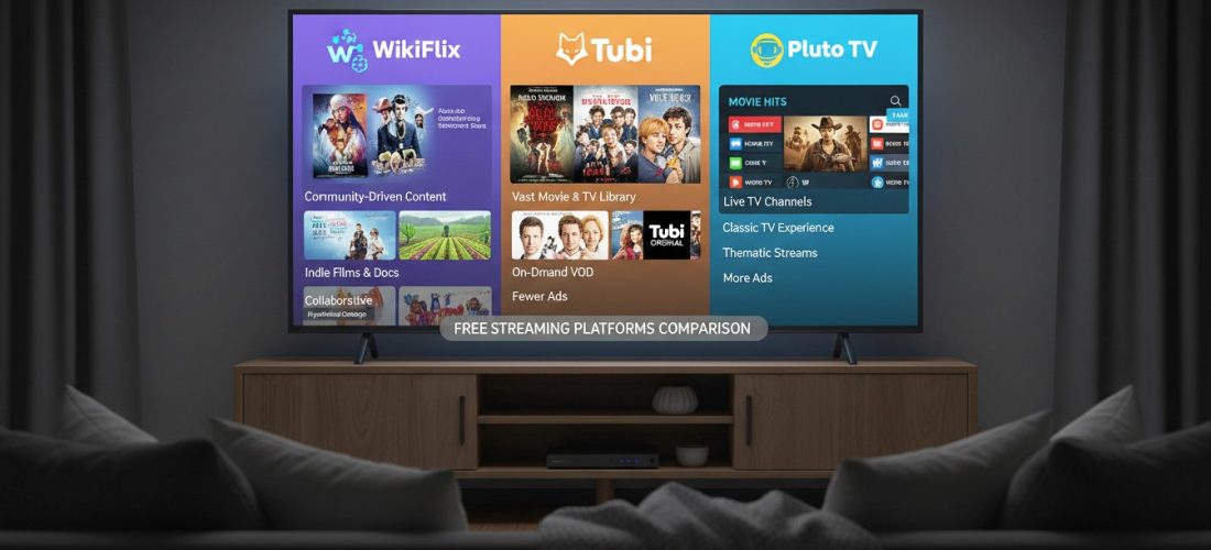 Trois écrans de smartphones affichant des interfaces de streaming différentes dans une ambiance lumineuse et colorée