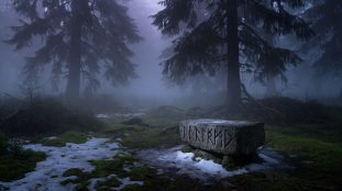 Forêt nordique brumeuse avec un autel de pierre gravé de runes, ambiance mythologique sombre