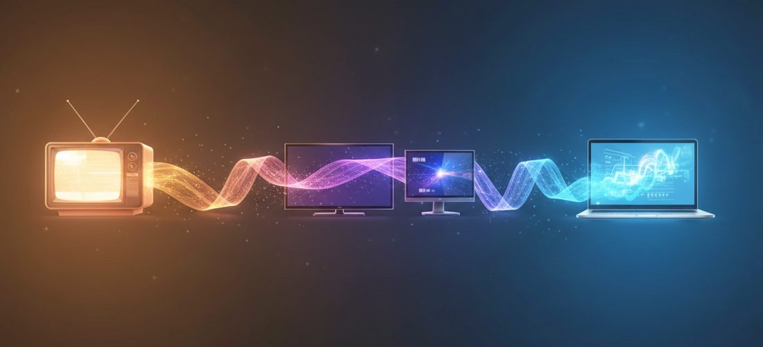 Évolution de la technologie vidéo d'un ancien téléviseur cathodique à un ordinateur portable moderne reliés par un ruban lumineux