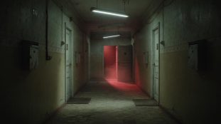 Couloir sombre avec une porte entrouverte laissant filtrer une lumière rouge inquiétante