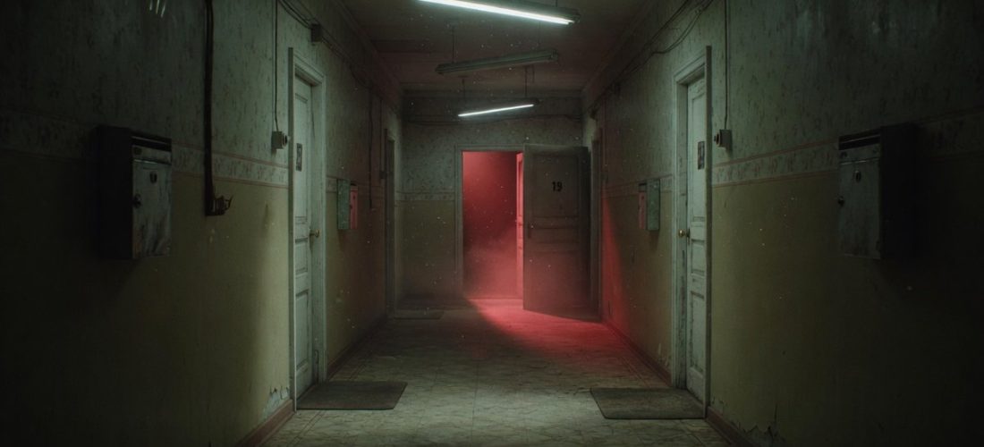 Couloir sombre avec une porte entrouverte laissant filtrer une lumière rouge inquiétante
