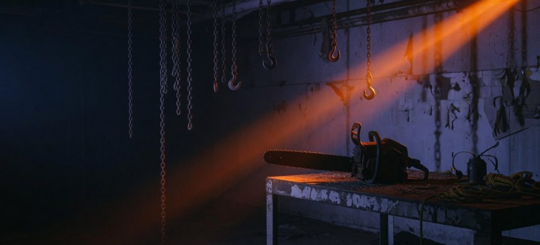 Entrepôt sombre et abandonné avec une tronçonneuse posée dans la pénombre, ambiance inquiétante