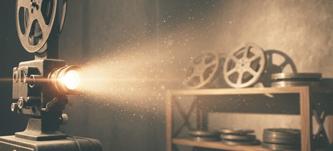 Projecteur de cinéma vintage projetant un faisceau de lumière dorée dans une salle obscure avec des bobines de film en arrière-plan