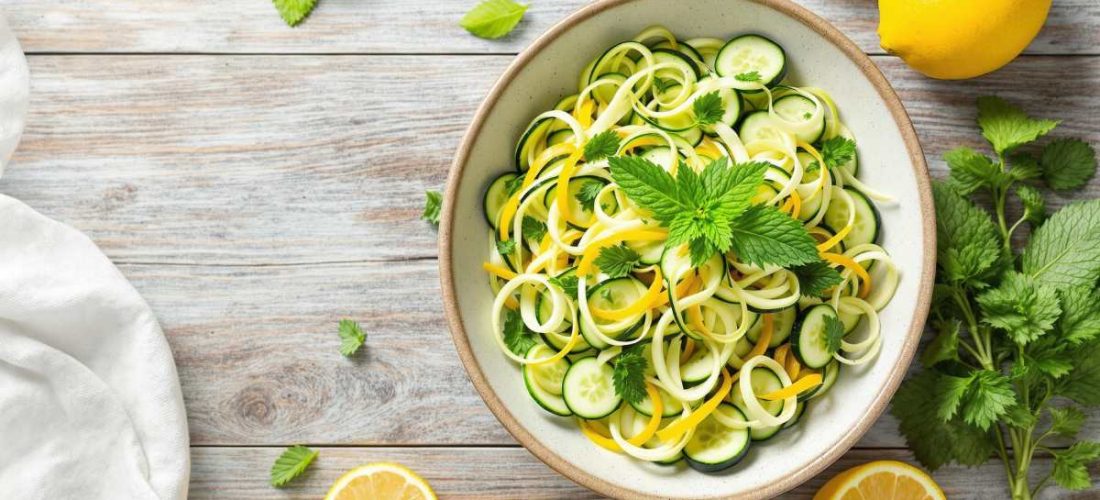 recette de la salade d’été avec courgette, concombre, menthe et citron présentée dans un bol
