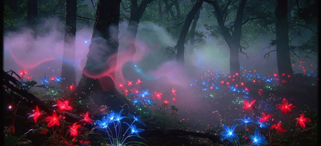Forêt nocturne brumeuse avec des fleurs mystérieuses éclairées d'une lueur rouge et bleue surnaturelle