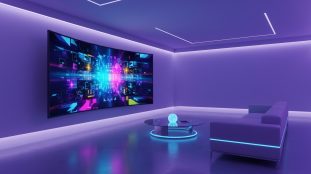 Salon futuriste avec une grande smart TV affichant une interface de streaming colorée dans une ambiance LED violette et bleue