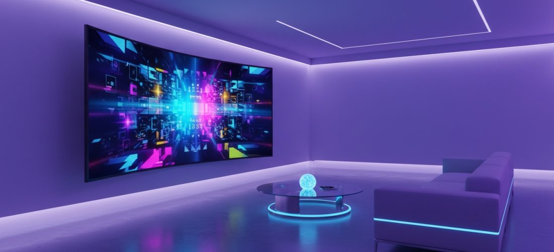 Salon futuriste avec une grande smart TV affichant une interface de streaming colorée dans une ambiance LED violette et bleue