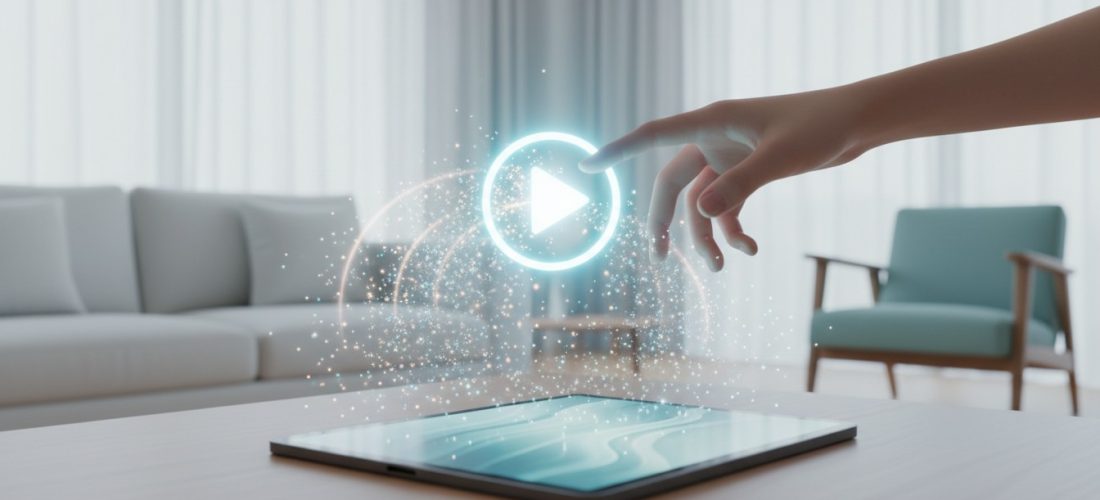 Main touchant un bouton de lecture lumineux flottant au-dessus d'une tablette sans écran de connexion