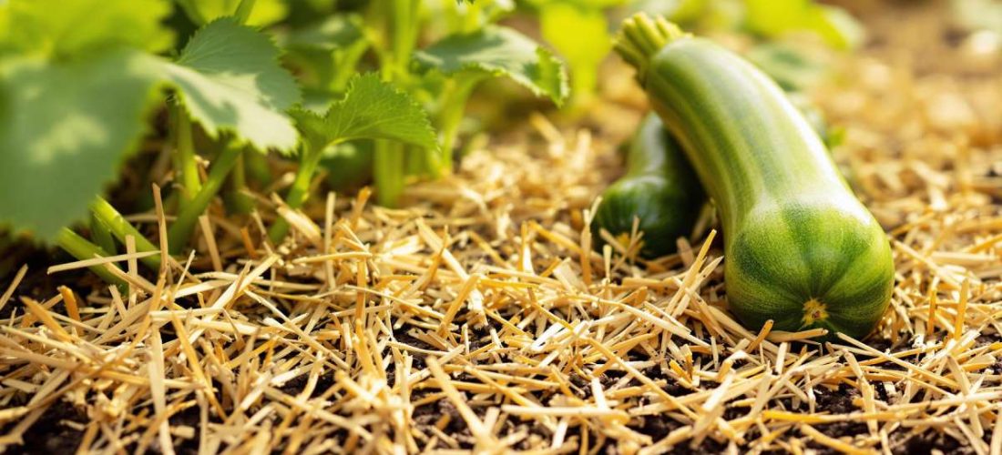 Gros plan sur un potager paillé avec des plants de tomates et courgettes, feuilles vertes et paillis doré sous lumière naturelle